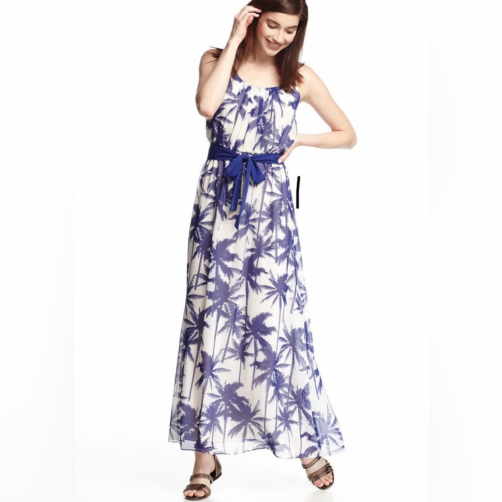 Eliza J Blue and White Palm Print Maxi Dress
